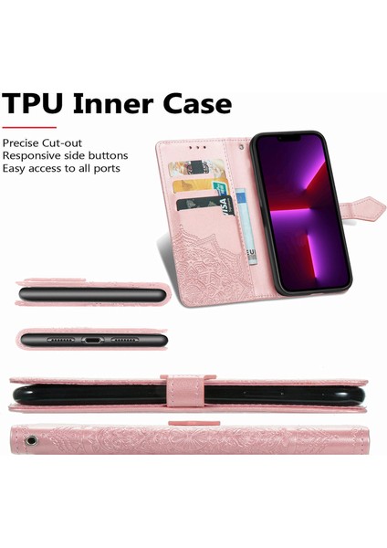 iPhone 13 Pro Max ile Uyumlu El Standı Fonksiyonlu Cüzdan Kabartmalı Pu Deri Kart Tutucu (Yurt Dışından)