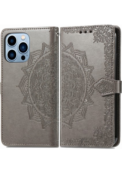 iPhone 13 Pro Max ile Uyumlu El Standı Fonksiyonlu Cüzdan Kabartmalı Pu Deri Kart Tutucu (Yurt Dışından)
