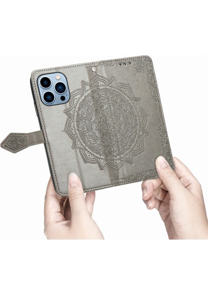 iPhone 13 Pro Max ile Uyumlu El Standı Fonksiyonlu Cüzdan Kabartmalı Pu Deri Kart Tutucu (Yurt Dışından)