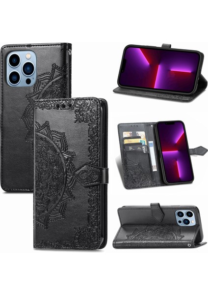 iPhone 13 Pro Max ile Uyumlu El Standı Fonksiyonlu Cüzdan Kabartmalı Pu Deri Kart Tutucu (Yurt Dışından)