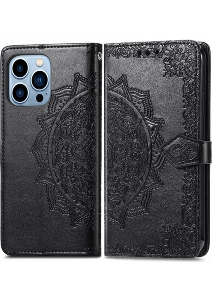 iPhone 13 Pro Max ile Uyumlu El Standı Fonksiyonlu Cüzdan Kabartmalı Pu Deri Kart Tutucu (Yurt Dışından)