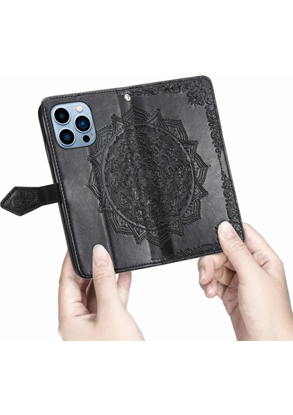 iPhone 13 Pro Max ile Uyumlu El Standı Fonksiyonlu Cüzdan Kabartmalı Pu Deri Kart Tutucu (Yurt Dışından)