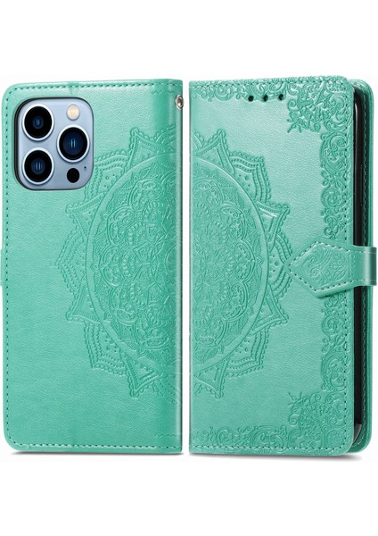 iPhone 13 Pro Max ile Uyumlu El Standı Fonksiyonlu Cüzdan Kabartmalı Pu Deri Kart Tutucu (Yurt Dışından)