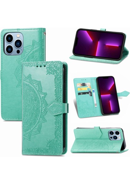 iPhone 13 Pro Max ile Uyumlu El Standı Fonksiyonlu Cüzdan Kabartmalı Pu Deri Kart Tutucu (Yurt Dışından)