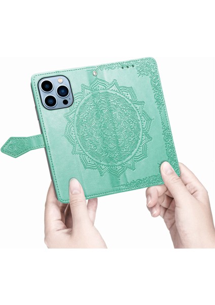 iPhone 13 Pro Max ile Uyumlu El Standı Fonksiyonlu Cüzdan Kabartmalı Pu Deri Kart Tutucu (Yurt Dışından)