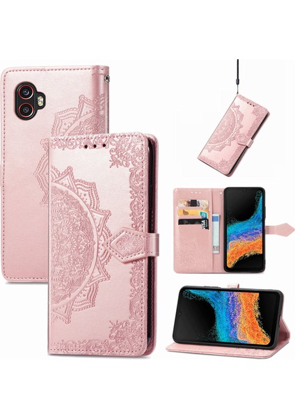 Samsung Galaxy Xcover6 Pro ile Uyumlu El Standı Fonksiyonlu Cüzdan Kabartmalı Pu Deri Kart Tutucu (Yurt Dışından)