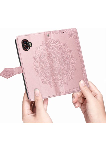 Samsung Galaxy Xcover6 Pro ile Uyumlu El Standı Fonksiyonlu Cüzdan Kabartmalı Pu Deri Kart Tutucu (Yurt Dışından)