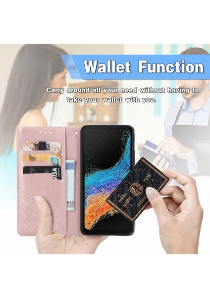 Samsung Galaxy Xcover6 Pro ile Uyumlu El Standı Fonksiyonlu Cüzdan Kabartmalı Pu Deri Kart Tutucu (Yurt Dışından)