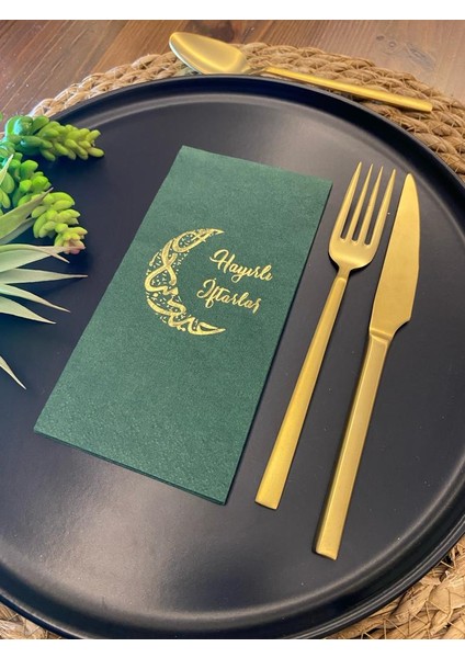 Gold Yaldızlı Hayırlı İftarlar Ay Desenli 16'lı Yeşil Renkli Kağıt Peçete fiyatları