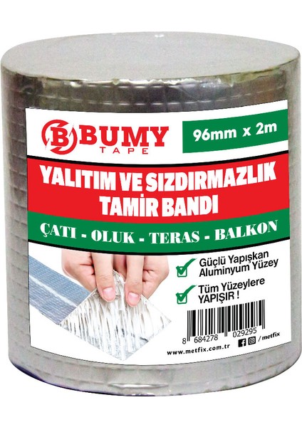 Yalıtım ve Sızdırmazlık Tamir Bandı 96 mm x 2 mt - Alüminyum Yüzey / Butil Bant - Sakız Bant