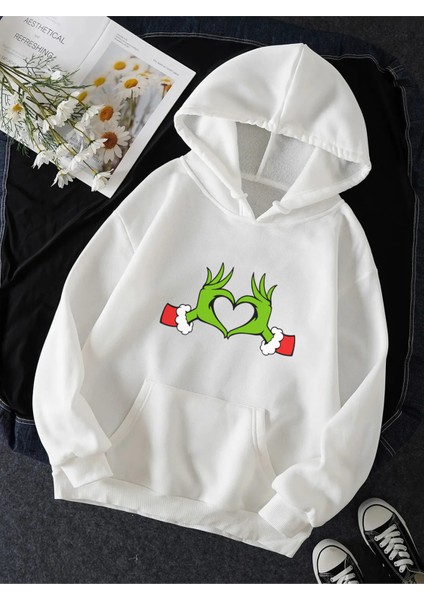 Grinch Happy New Year Kalp Kapşonlu Sweatshirt