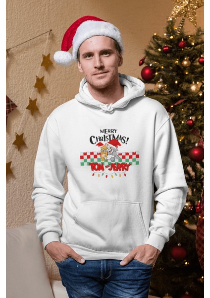 Tom ve Jerry Merry Christmas Yılbaşı Kapşonlu Sweatshirt