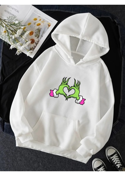 Grinch Happy New Year Pembe Kalp Kapşonlu Sweatshirt