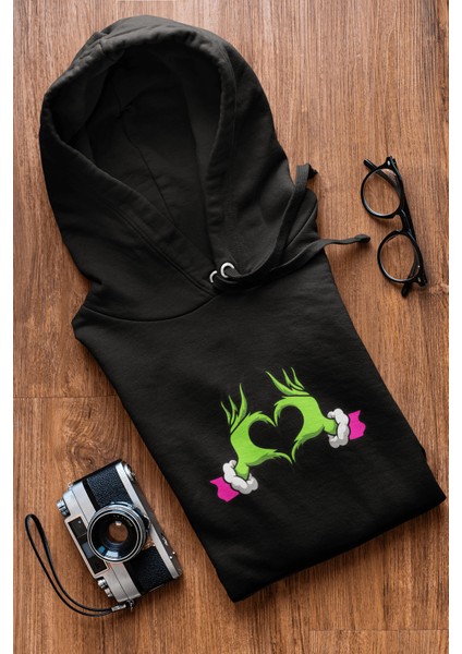 Grinch Happy New Year Pembe Kalp Kapşonlu Sweatshirt