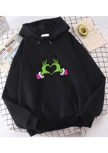 Grinch Happy New Year Pembe Kalp Kapşonlu Sweatshirt