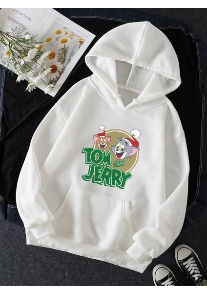 Tom ve Jerry Logolu Yeni Yıl Kapşonlu Sweatshirt