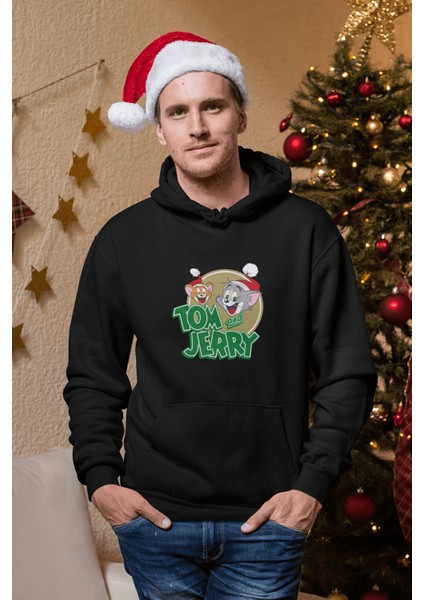 Tom ve Jerry Logolu Yeni Yıl Kapşonlu Sweatshirt