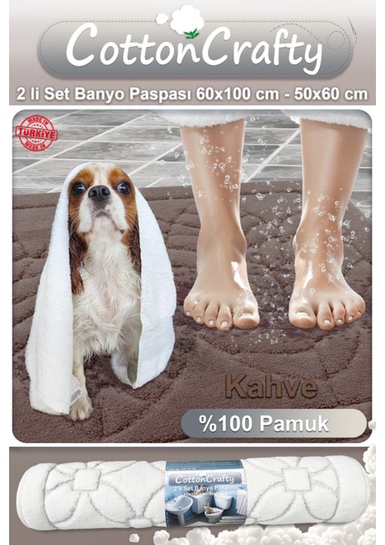 %100 Pamuk Dokuma Banyo Paspas Seti, Banyo Halısı Yaprak 60X100 - 60X50