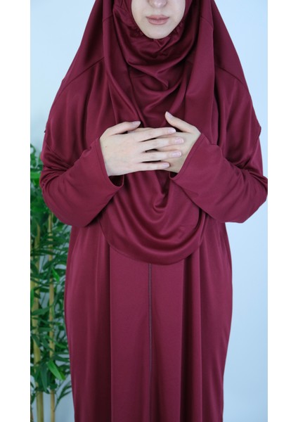 Bordo Fermuarlı Pratik Namaz Elbisesi