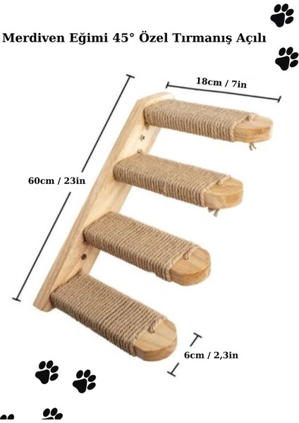 Doğal Kedi Tırmanma ve Tırmalama Merdiveni Ahşap tasarım Duvara Monte Sol Model