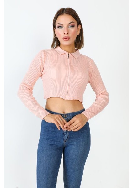 Polo Yaka Fermuarlı Pudra Crop Kazak