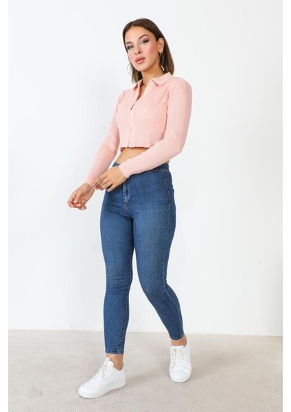 Polo Yaka Fermuarlı Pudra Crop Kazak modelleri