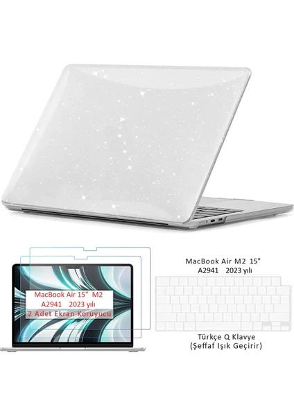 Macbook Air 15 M2 2023 A2941 Uyumlu Set Simli Kılıf Kapak Klavye Koruyucu Ekran Koruyucu Film