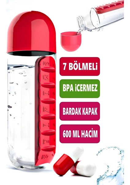 600ML 7 Gün Hap Ilaç Saklama Kutusu Water Ilaç Kutulu Kapaklı Matara Suluk Hap Takipli Suluk