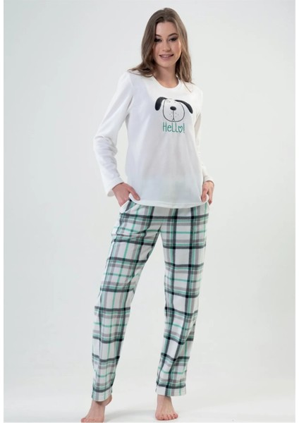 Bayan Beyaz Yeşil Çizgili - Uzun Kollu Polar Pijama Takımı
