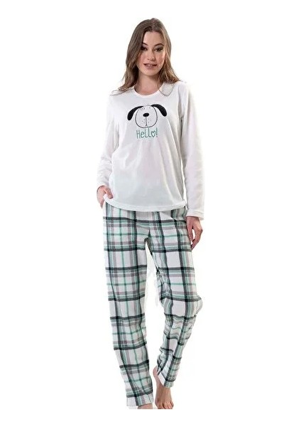 Bayan Beyaz Yeşil Çizgili - Uzun Kollu Polar Pijama Takımı modelleri