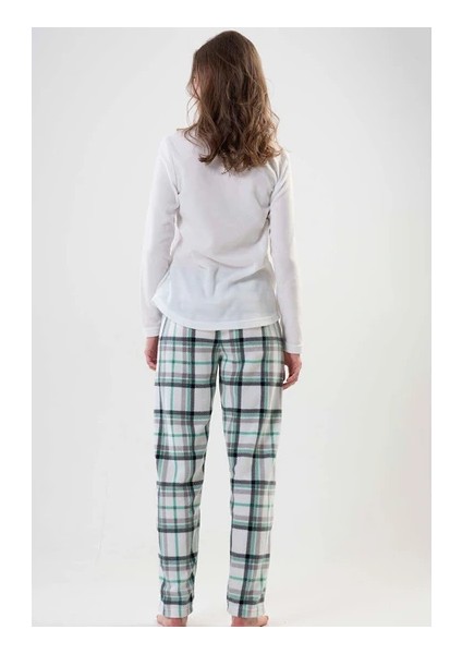 Bayan Beyaz Yeşil Çizgili - Uzun Kollu Polar Pijama Takımı fırsatları