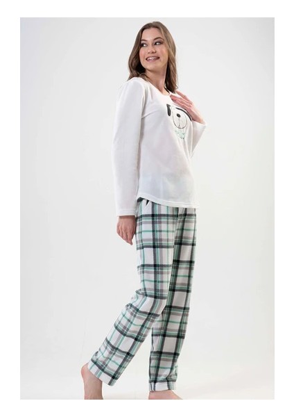 Bayan Beyaz Yeşil Çizgili - Uzun Kollu Polar Pijama Takımı indirimleri