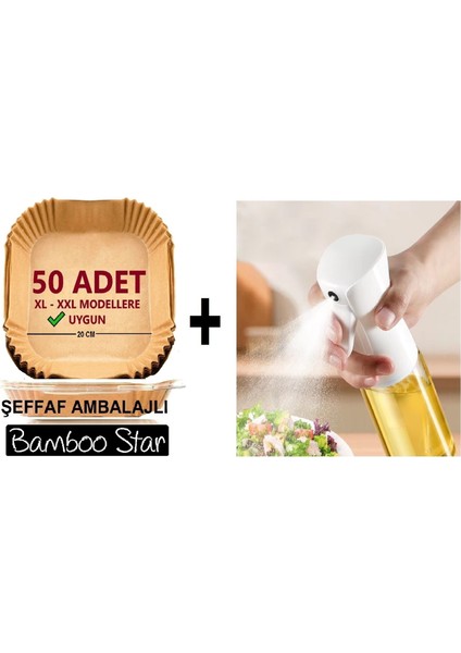 Bamboo Star Airfryer Pişirme Kağıdı 50'li Kare Büyük Boy ve Sprey Yağdanlık Seti 2'li Set