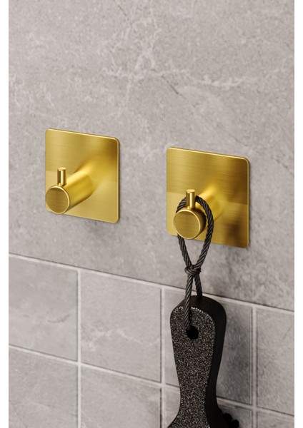 2 Adet Paslanmaz Çelik Gold Havlu Askısı- Yapışkanlı Çok Amaçlı Havluluk -Lif & Bornoz & Havlu Asacağı