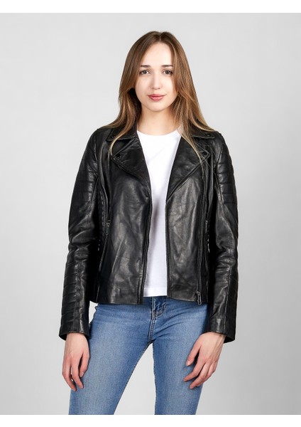 Dikiş Detaylı Biker Kadın Siyah Deri Ceket modelleri