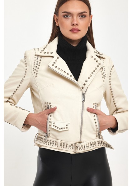 Trok Detaylı Doğal Damarlı Deri Ceket