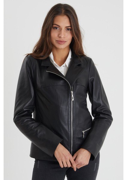 Çapraz Fermuarlı Kadın Siyah Deri Ceket