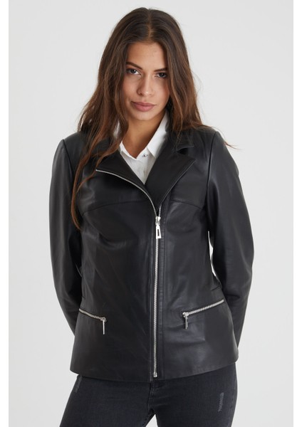 Çapraz Fermuarlı Kadın Siyah Deri Ceket fiyatları