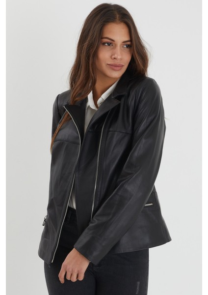 Çapraz Fermuarlı Kadın Siyah Deri Ceket fırsatları