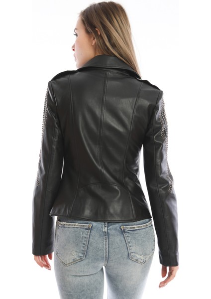 Kol Taş Detaylı Kadın Deri Ceket fiyatları