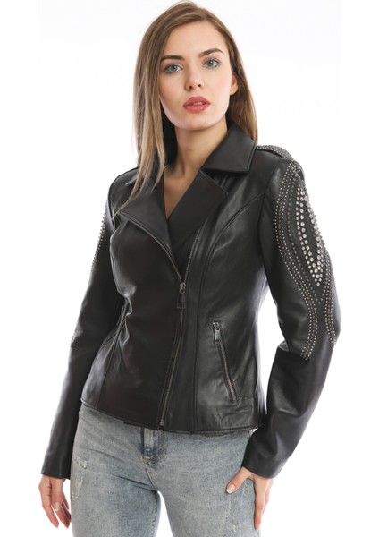 Kol Taş Detaylı Kadın Deri Ceket modelleri