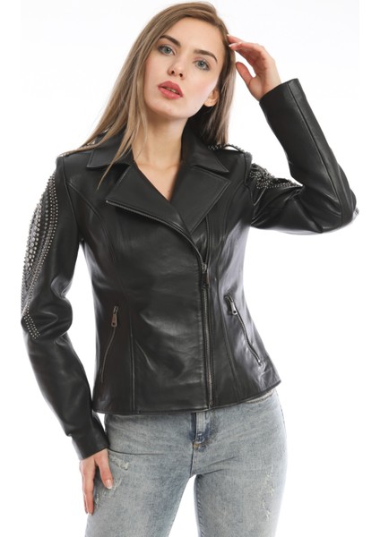 Kol Taş Detaylı Kadın Deri Ceket fırsatları