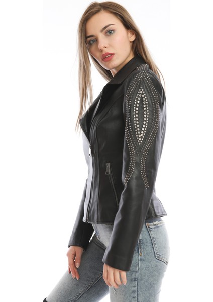 Kol Taş Detaylı Kadın Deri Ceket indirimleri