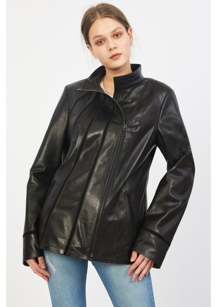 Süet Biye Detaylı Kadın Deri Ceket