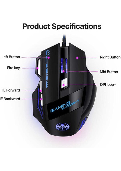 Oyuncular Için Ekstra Ateş Etme Tuşlu7 Tuşlu Ergonomik Oyuncu Gaming Mouse, 6800 Dpı, Hassas Kontrol modelleri