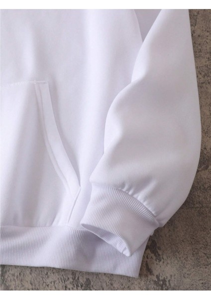 Unisex Beyaz Kanguru Cepli Kapüşonlu Sweatshirt Beyaz Hoodie fırsatları