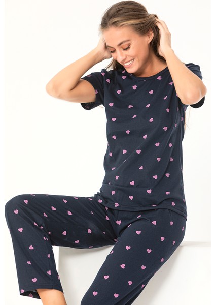 Sude Homewear Sudehomewear Kısa Kol Kalp Desenli Pijama Takımı