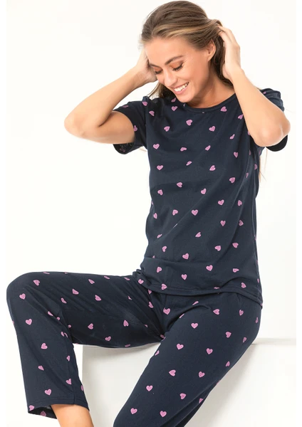 Sude Homewear Sudehomewear Kısa Kol Kalp Desenli Pijama Takımı