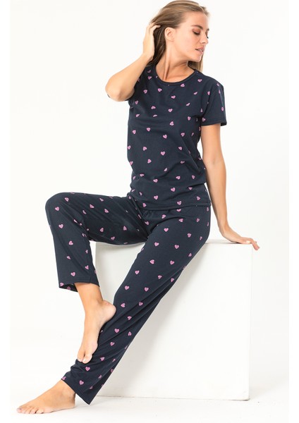 Sude Homewear Sudehomewear Kısa Kol Kalp Desenli Pijama Takımı