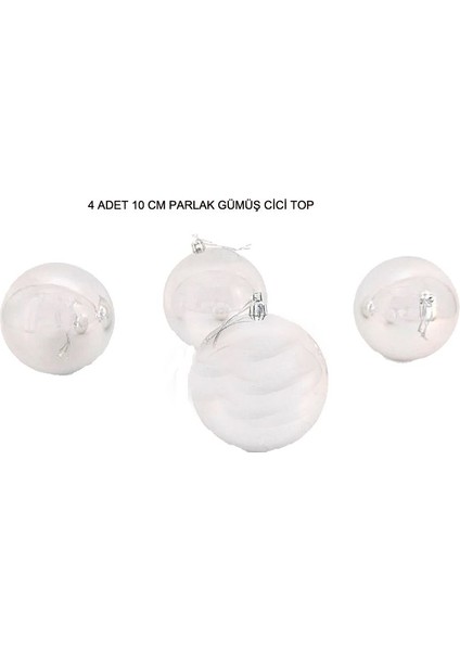 Gümüş Renk 10 cm Parlak Yılbaşı Çam Ağacı Cici Topu 4 Adet